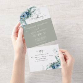 Elegant floral Dusty Blue Greenerity Wedding All In One Einladung