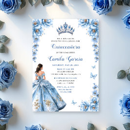 Elegant Floral Dusty Blue Princess Quinceañera Einladung