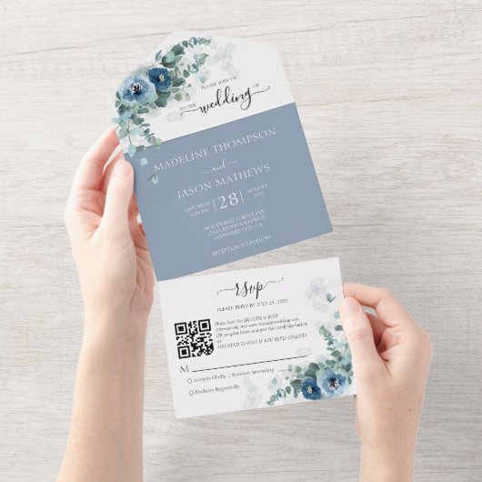 Elegant Floral Dusty Blue Qr Code Hochzeit All In One Einladung (Abreißen)