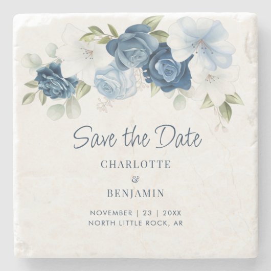 Elegant floral Dusty Blue Save the Date Keepake Steinuntersetzer (Vorderseite)