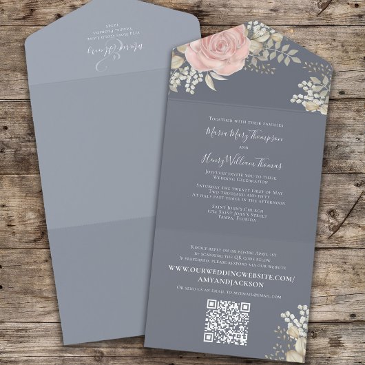 Elegant Floral Dusty Blue Wedding All In One Einladung