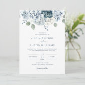 Elegant Floral Dusty Blue Wedding Einladung (Stehend Vorderseite)