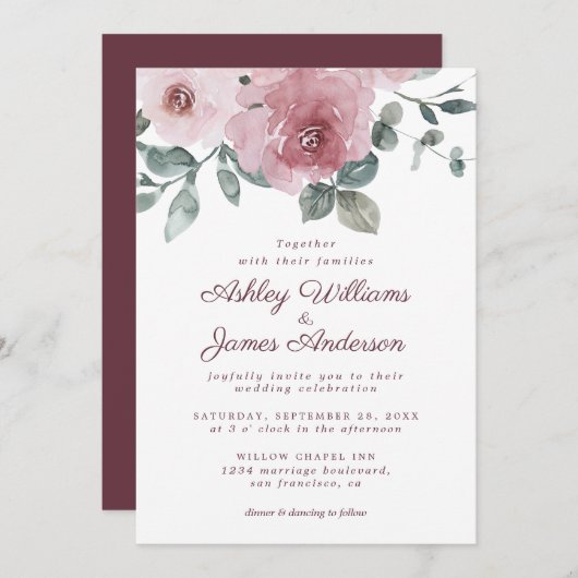 Elegant floral Dusty Pink Rose Burgundy Wedding Einladung (Vorne/Hinten)