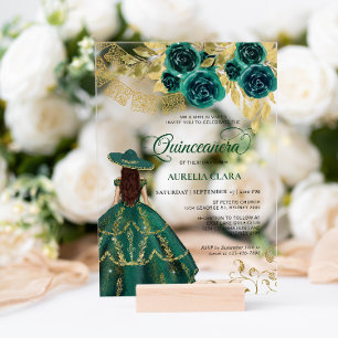 Elegant Floral Emerald Green Charra Quinceañera Acryleinladungen