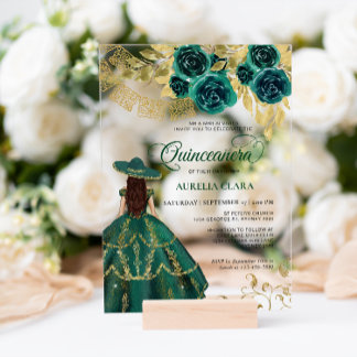 Elegant Floral Emerald Green Charra Quinceañera Acryleinladungen
