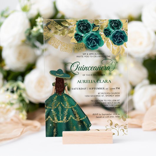 Elegant Floral Emerald Green Charra Quinceañera Acryleinladungen