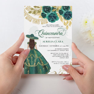 Elegant Floral Emerald Green Horse Quinceañera Einladung