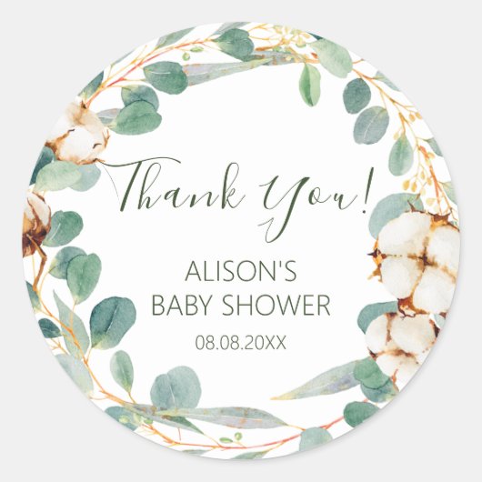 Elegant Floral Eucalyptus Greenery Baby Shower Runder Aufkleber (Vorderseite)