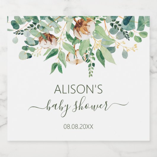 Elegant Floral Eucalyptus Greenery Baby Shower Schaumweinetikett (Einzelnes Label)