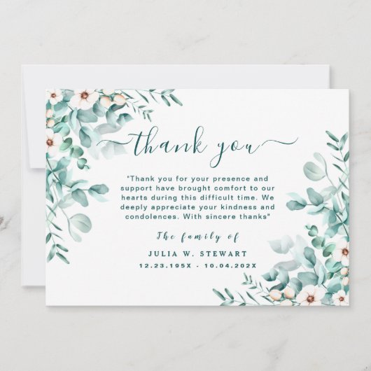 Elegant floral Eukalyptus Beerdigung Vielen Dank Karte (Vorderseite)