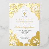 Elegant Floral First Communion Gold Folieneinladung (Vorderseite)