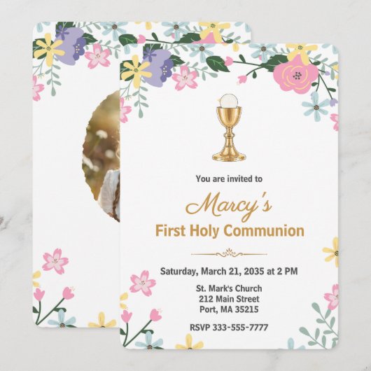 Elegant Floral First Holy Communion Photo  Einladung (Vorne/Hinten)