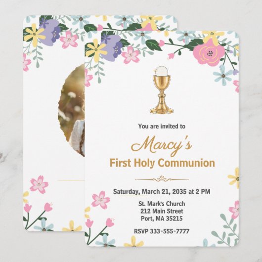Elegant Floral First Holy Communion Photo  Einladung (Vorne/Hinten)