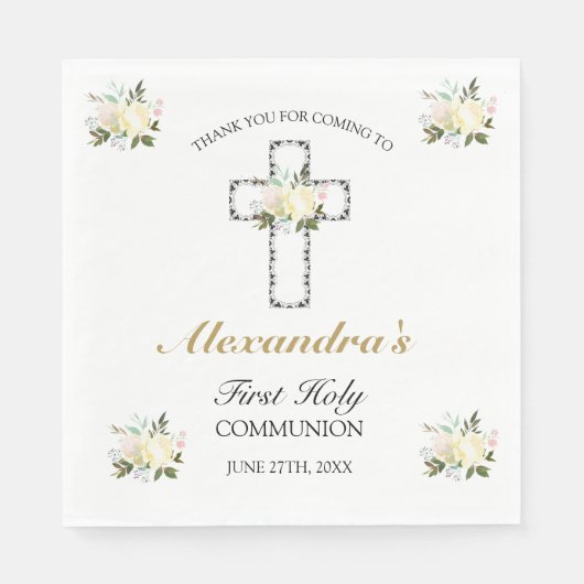 Elegant Floral First Holy Communion Vielen Dank Serviette (Vorderseite)