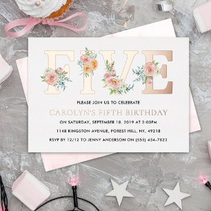Elegant Floral FIVE 5. Geburtstag Real Folieneinladung