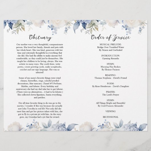 Elegant Floral Funeral Program | Order of Service (Rückseite)