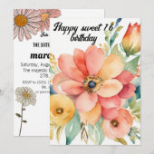 Elegant Floral & Glitzer Sweet 16. Geburtstag Einladung (Vorne/Hinten)