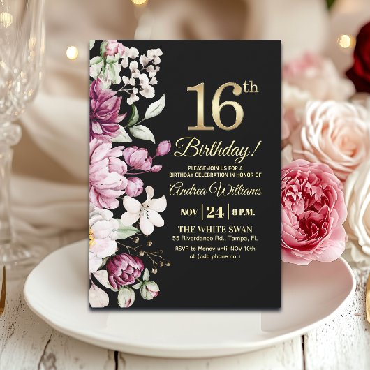 Elegant Floral Gold 16 Birthday Party Einladung