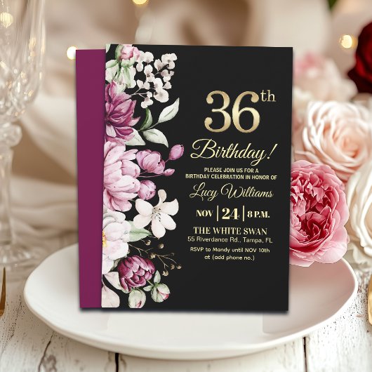Elegant Floral Gold 36 Birthday Party Einladung
