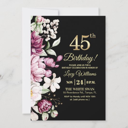Elegant Floral Gold 45 Birthday Photo Einladung (Vorderseite)