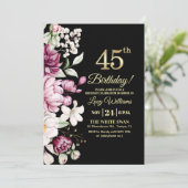 Elegant Floral Gold 45 Birthday Photo Einladung (Stehend Vorderseite)