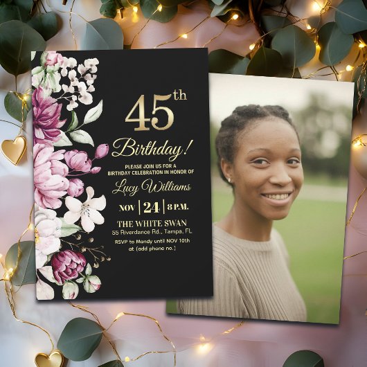 Elegant Floral Gold 45 Birthday Photo Einladung