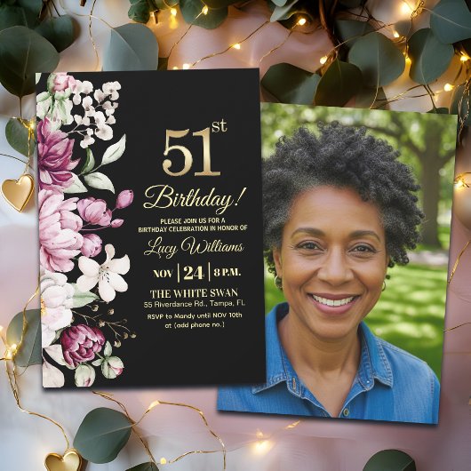 Elegant Floral Gold 51 Birthday Photo Einladung