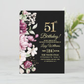 Elegant Floral Gold 51 Birthday Photo Einladung (Stehend Vorderseite)