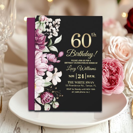 Elegant Floral Gold 60 Birthday Party Einladung