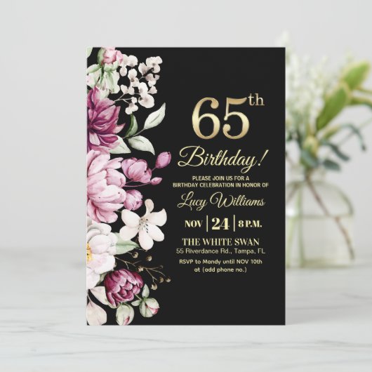 Elegant Floral Gold 65 Birthday Party Einladung (Stehend Vorderseite)
