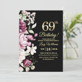 Elegant Floral Gold 69 Birthday Party Einladung (Stehend Vorderseite)