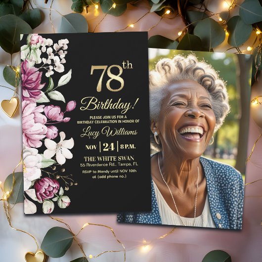 Elegant Floral Gold 78 Birthday Photo Einladung