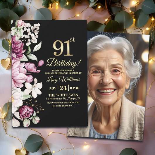 Elegant Floral Gold 91 Birthday Photo Einladung