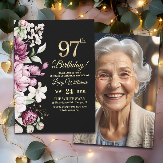 Elegant Floral Gold 97 Birthday Photo Einladung