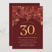 Elegant Floral Gold Burgund 30. Geburtstag Einladung (Vorne/Hinten)