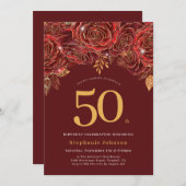 Elegant Floral Gold Burgundy 50. Geburtstag Einladung (Vorne/Hinten)
