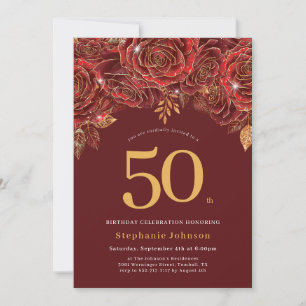 Elegant Floral Gold Burgundy 50. Geburtstag Einladung