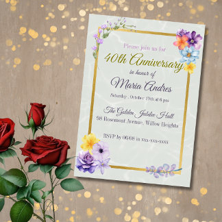 Elegant Floral Gold Frame 40th Birthday Invitation Einladung