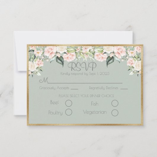 Elegant Floral Gold Green Script Wedding RSVP (Vorderseite)