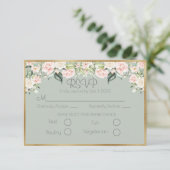 Elegant Floral Gold Green Script Wedding RSVP (Stehend Vorderseite)