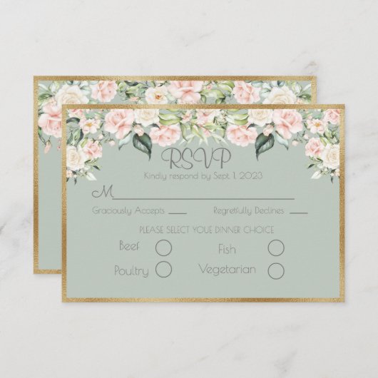 Elegant Floral Gold Green Script Wedding RSVP (Vorne/Hinten)