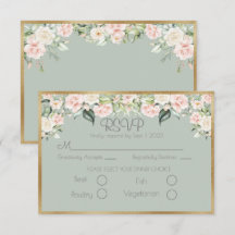 Elegant Floral Gold Green Script Wedding RSVP