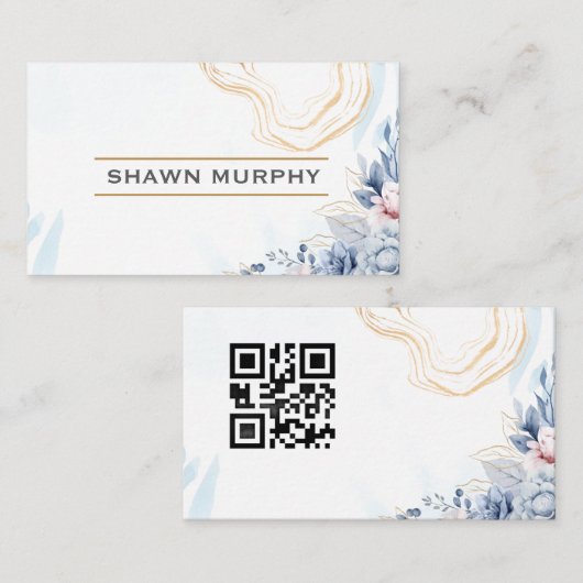 Elegant Floral Gold Line QR Code Business Card Visitenkarte (Vorne/Hinten)