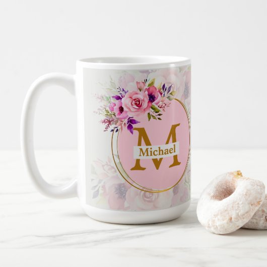 Elegant Floral Gold Monogram | Name & Initial Kaffeetasse (Mit Donut)