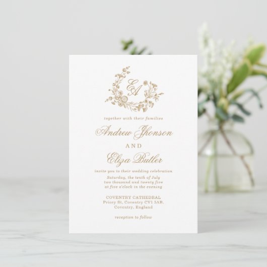 Elegant Floral Gold Monogram Wedding Einladung (Stehend Vorderseite)