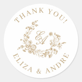 Elegant Floral Gold Monogram Wedding Vielen Dank Runder Aufkleber