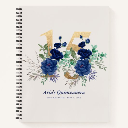 Elegant Floral Gold Number 15 Blue Guestbook Notizblock (Vorderseite)