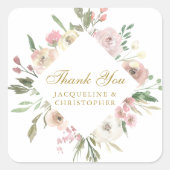 Elegant Floral Gold Script Wedding Vielen Dank Quadratischer Aufkleber (Vorderseite)