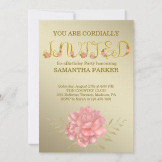 Elegant Floral Gold Typography  Birthday Einladung