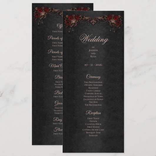 Elegant floral Gothic Halloween Wedding Program Menükarte (Vorne/Hinten)